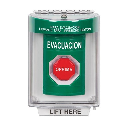 SS2148EV-ES STI Green Indoor/Outdoor Flush w/ Horn Pneumatic (Illuminated) Stopper Station with EVACUATION Label Spanish