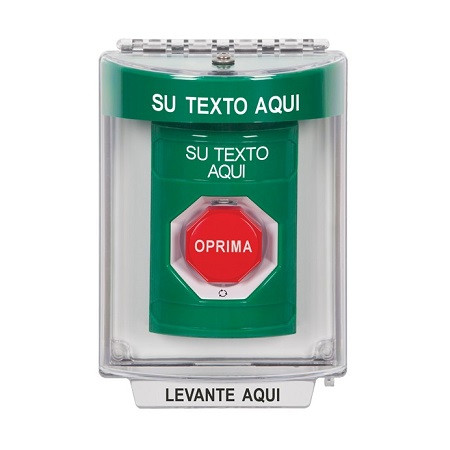 SS2149ZA-ES STI Green Indoor/Outdoor Flush w/ Horn Turn-to-Reset (Illuminated) Stopper Station with Non-Returnable Custom Text Label Spanish