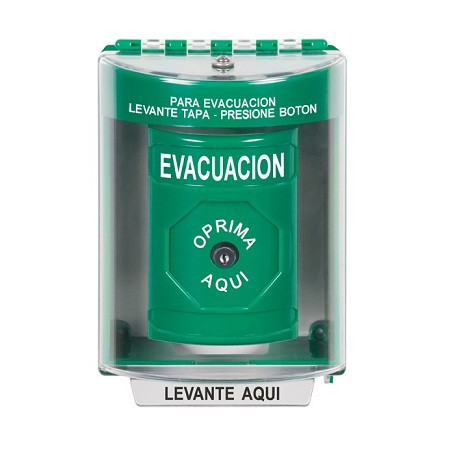 SS2170EV-ES STI Green Indoor/Outdoor Surface Key-to-Reset Stopper Station with EVACUATION Label Spanish