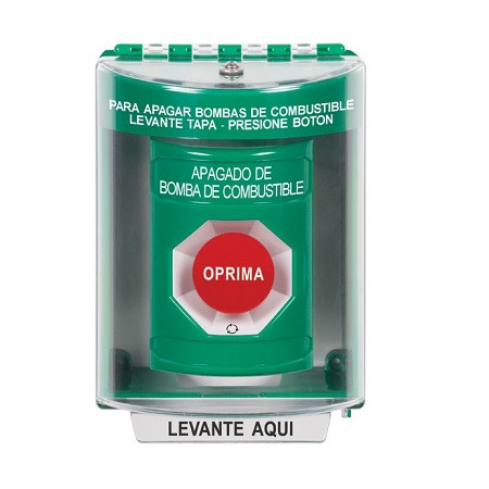 SS2171PS-ES STI Green Indoor/Outdoor Surface Turn-to-Reset Stopper Station with FUEL PUMP SHUT DOWN Label Spanish