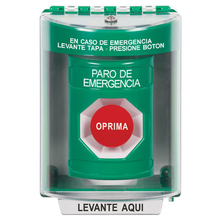 SS2174ES-ES STI Green Indoor/Outdoor Surface Momentary Stopper Station with EMERGENCY STOP Label Spanish