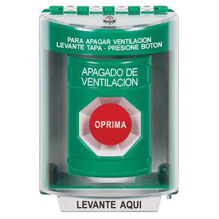 SS2174HV-ES STI Green Indoor/Outdoor Surface Momentary Stopper Station with HVAC SHUT DOWN Label Spanish