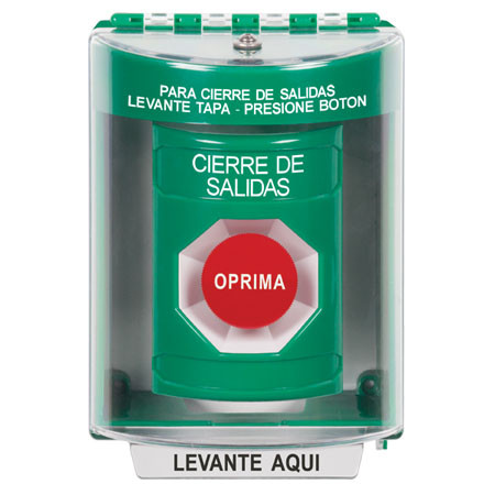 SS2174LD-ES STI Green Indoor/Outdoor Surface Momentary Stopper Station with LOCKDOWN Label Spanish