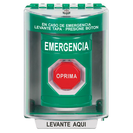 SS2178EM-ES STI Green Indoor/Outdoor Surface Pneumatic (Illuminated) Stopper Station with EMERGENCY Label Spanish