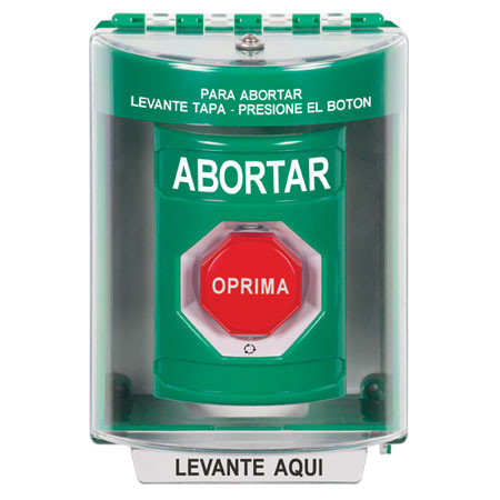 SS2179AB-ES STI Green Indoor/Outdoor Surface Turn-to-Reset (Illuminated) Stopper Station with ABORT Label Spanish