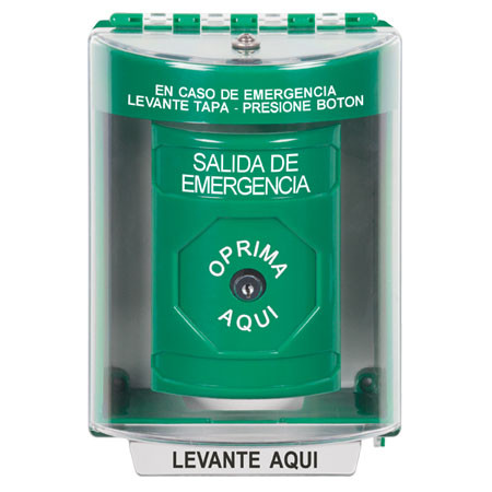 SS2180EX-ES STI Green Indoor/Outdoor Surface w/ Horn Key-to-Reset Stopper Station with EMERGENCY EXIT Label Spanish