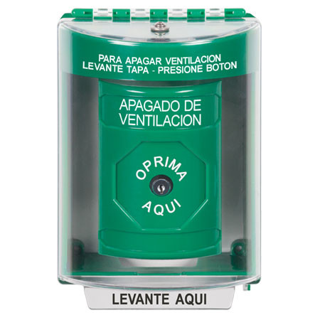 SS2180HV-ES STI Green Indoor/Outdoor Surface w/ Horn Key-to-Reset Stopper Station with HVAC SHUT DOWN Label Spanish