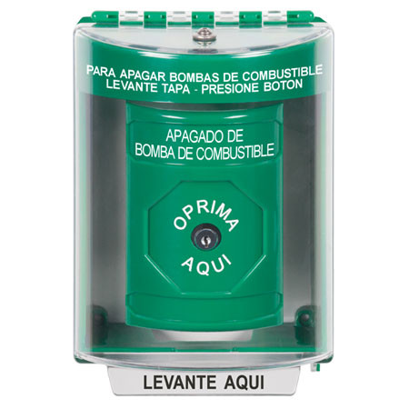 SS2180PS-ES STI Green Indoor/Outdoor Surface w/ Horn Key-to-Reset Stopper Station with FUEL PUMP SHUT DOWN Label Spanish