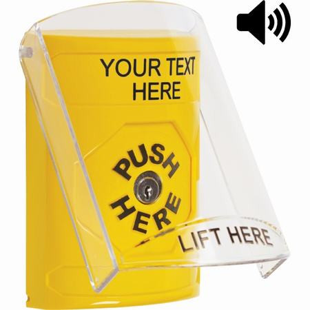 SS22A0ZA-EN STI Yellow Indoor Only Flush or Surface w/ Horn Key-to-Reset Stopper Station with Non-Returnable Custom Text Label English