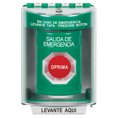 SS2184EX-ES STI Green Indoor/Outdoor Surface w/ Horn Momentary Stopper Station with EMERGENCY EXIT Label Spanish