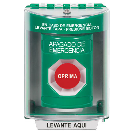 SS2184PO-ES STI Green Indoor/Outdoor Surface w/ Horn Momentary Stopper Station with EMERGENCY POWER OFF Label Spanish