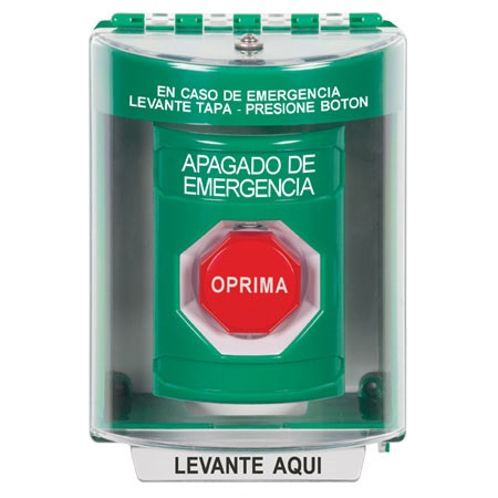 SS2185PO-ES STI Green Indoor/Outdoor Surface w/ Horn Momentary (Illuminated) Stopper Station with EMERGENCY POWER OFF Label Spanish