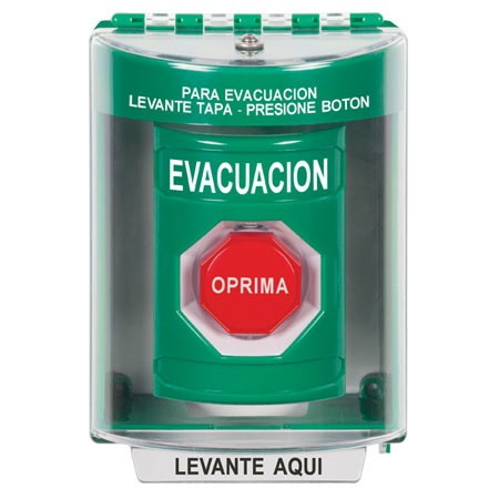 SS2188EV-ES STI Green Indoor/Outdoor Surface w/ Horn Pneumatic (Illuminated) Stopper Station with EVACUATION Label Spanish