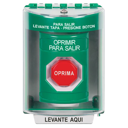 SS2188PX-ES STI Green Indoor/Outdoor Surface w/ Horn Pneumatic (Illuminated) Stopper Station with PUSH TO EXIT Label Spanish