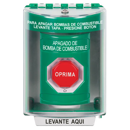 SS2189PS-ES STI Green Indoor/Outdoor Surface w/ Horn Turn-to-Reset (Illuminated) Stopper Station with FUEL PUMP SHUT DOWN Label Spanish