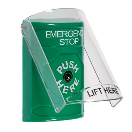 SS21A0ES-ES STI Green Indoor Only Flush or Surface w/ Horn Key-to-Reset Stopper Station with EMERGENCY STOP Label Spanish