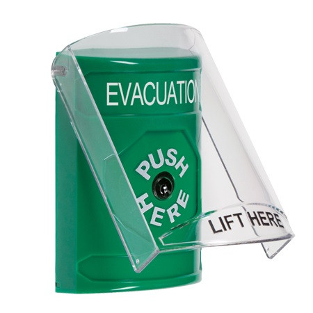 SS21A0EV-ES STI Green Indoor Only Flush or Surface w/ Horn Key-to-Reset Stopper Station with EVACUATION Label Spanish
