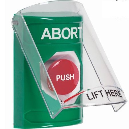 SS21A1AB-ES STI Green Indoor Only Flush or Surface w/ Horn Turn-to-Reset Stopper Station with ABORT Label Spanish