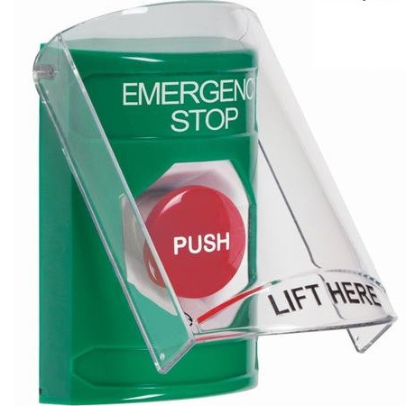 SS21A1ES-ES STI Green Indoor Only Flush or Surface w/ Horn Turn-to-Reset Stopper Station with EMERGENCY STOP Label Spanish