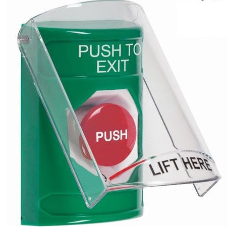 SS21A1PX-ES STI Green Indoor Only Flush or Surface w/ Horn Turn-to-Reset Stopper Station with PUSH TO EXIT Label Spanish