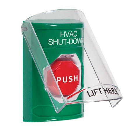 SS21A2HV-ES STI Green Indoor Only Flush or Surface w/ Horn Key-to-Reset (Illuminated) Stopper Station with HVAC SHUT DOWN Label Spanish