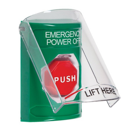 SS21A5PO-ES STI Green Indoor Only Flush or Surface w/ Horn Momentary (Illuminated) Stopper Station with EMERGENCY POWER OFF Label Spanish