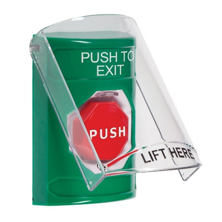 SS21A9PX-ES STI Green Indoor Only Flush or Surface w/ Horn Turn-to-Reset (Illuminated) Stopper Station with PUSH TO EXIT Label Spanish
