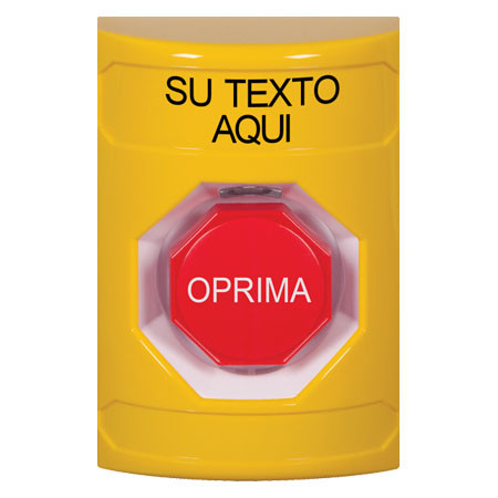 SS2208ZA-ES STI Yellow No Cover Pneumatic (Illuminated) Stopper Station with Non-Returnable Custom Text Label Spanish