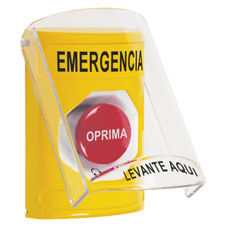 SS2221EM-ES STI Yellow Indoor Only Flush or Surface Turn-to-Reset Stopper Station with EMERGENCY Label Spanish