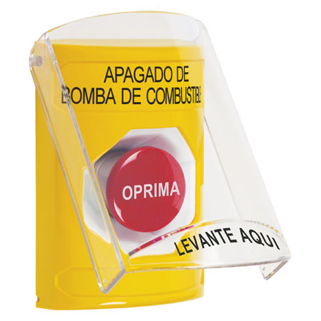 SS2224PS-ES STI Yellow Indoor Only Flush or Surface Momentary Stopper Station with FUEL PUMP SHUT DOWN Label Spanish