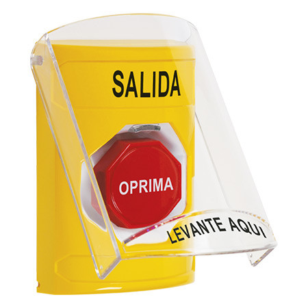 SS2228XT-ES STI Yellow Indoor Only Flush or Surface Pneumatic (Illuminated) Stopper Station with EXIT Label Spanish
