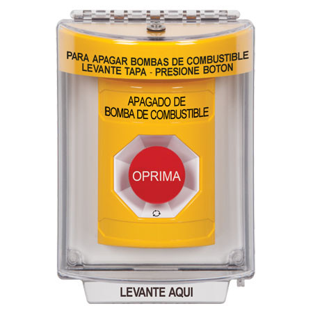 SS2231PS-ES STI Yellow Indoor/Outdoor Flush Turn-to-Reset Stopper Station with FUEL PUMP SHUT DOWN Label Spanish