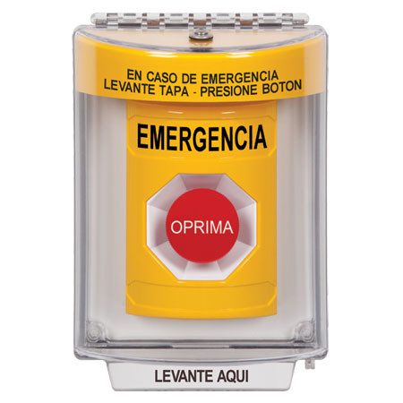 SS2234EM-ES STI Yellow Indoor/Outdoor Flush Momentary Stopper Station with EMERGENCY Label Spanish