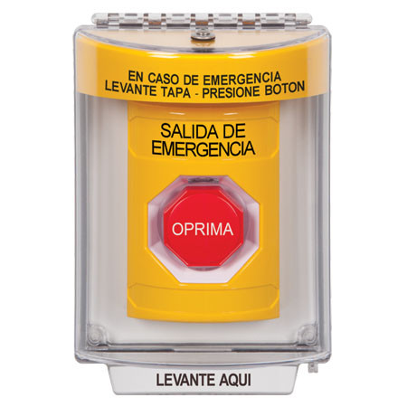 SS2238EX-ES STI Yellow Indoor/Outdoor Flush Pneumatic (Illuminated) Stopper Station with EMERGENCY EXIT Label Spanish