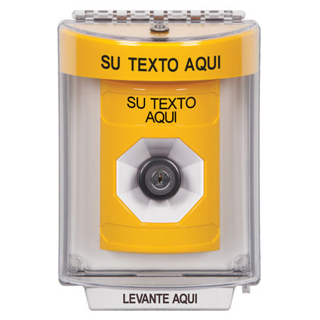 SS2243ZA-ES STI Yellow Indoor/Outdoor Flush w/ Horn Key-to-Activate Stopper Station with Non-Returnable Custom Text Label Spanish
