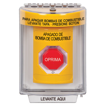 SS2249PS-ES STI Yellow Indoor/Outdoor Flush w/ Horn Turn-to-Reset (Illuminated) Stopper Station with FUEL PUMP SHUT DOWN Label Spanish