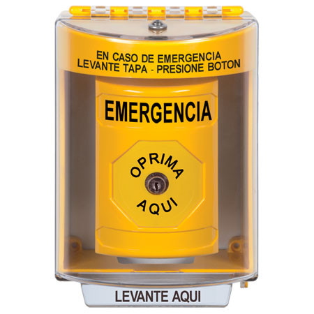 SS2270EM-ES STI Yellow Indoor/Outdoor Surface Key-to-Reset Stopper Station with EMERGENCY Label Spanish