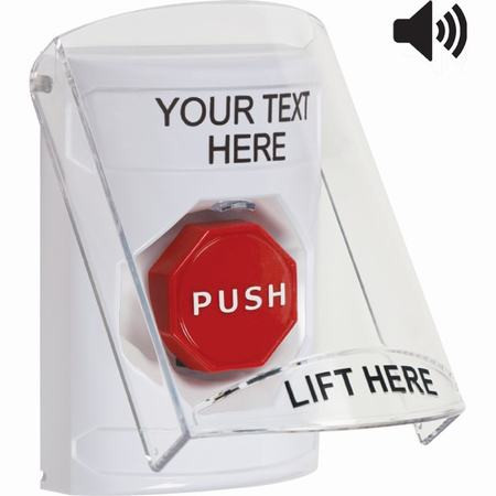 SS23A2ZA-EN STI White Indoor Only Flush or Surface w/ Horn Key-to-Reset (Illuminated) Stopper Station with Non-Returnable Custom Text Label English