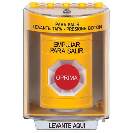 SS2274PX-ES STI Yellow Indoor/Outdoor Surface Momentary Stopper Station with PUSH TO EXIT Label Spanish