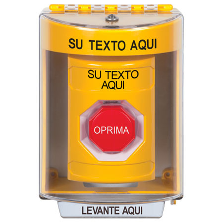 SS2275ZA-ES STI Yellow Indoor/Outdoor Surface Momentary (Illuminated) Stopper Station with Non-Returnable Custom Text Label Spanish
