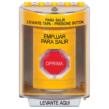 SS2279PX-ES STI Yellow Indoor/Outdoor Surface Turn-to-Reset (Illuminated) Stopper Station with PUSH TO EXIT Label Spanish