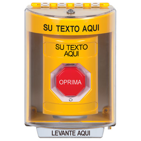 SS2279ZA-ES STI Yellow Indoor/Outdoor Surface Turn-to-Reset (Illuminated) Stopper Station with Non-Returnable Custom Text Label Spanish