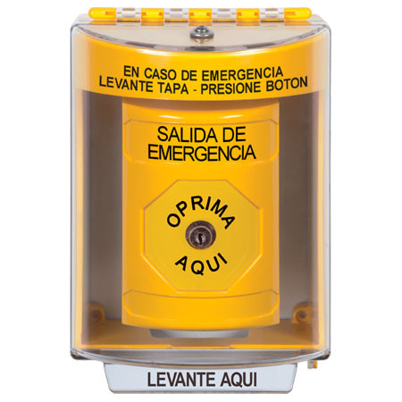 SS2280EX-ES STI Yellow Indoor/Outdoor Surface w/ Horn Key-to-Reset Stopper Station with EMERGENCY EXIT Label Spanish