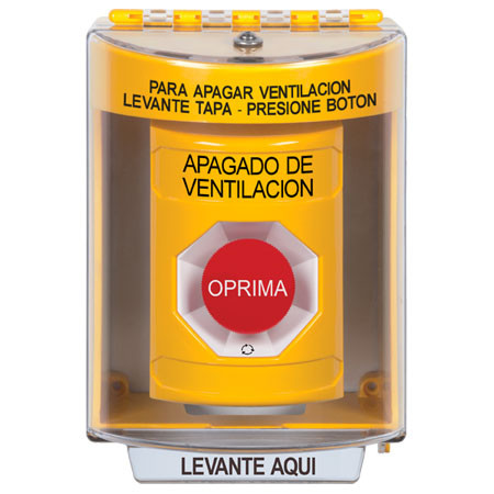 SS2281HV-ES STI Yellow Indoor/Outdoor Surface w/ Horn Turn-to-Reset Stopper Station with HVAC SHUT DOWN Label Spanish