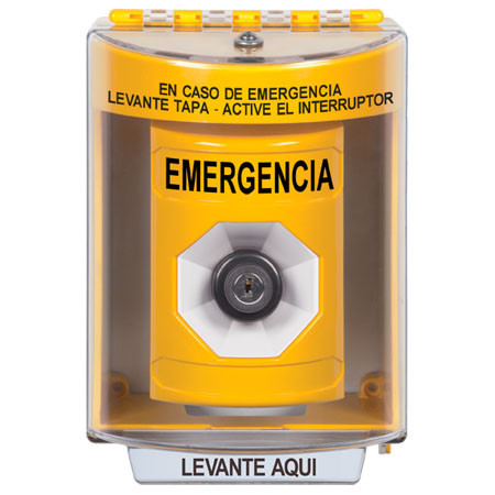 SS2283EM-ES STI Yellow Indoor/Outdoor Surface w/ Horn Key-to-Activate Stopper Station with EMERGENCY Label Spanish
