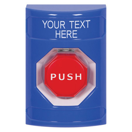 SS2405ZA-EN STI Blue No Cover Momentary (Illuminated) Stopper Station with Non-Returnable Custom Text Label English
