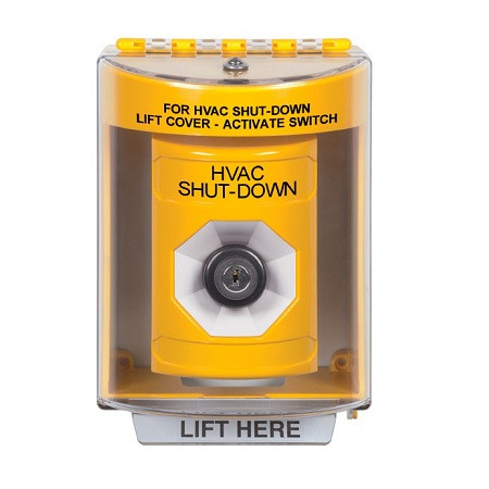 SS2283HV-ES STI Yellow Indoor/Outdoor Surface w/ Horn Key-to-Activate Stopper Station with HVAC SHUT DOWN Label Spanish