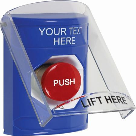 SS2421ZA-EN STI Blue Indoor Only Flush or Surface Turn-to-Reset Stopper Station with Non-Returnable Custom Text Label English