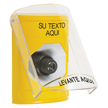 SS22A3ZA-ES STI Yellow Indoor Only Flush or Surface w/ Horn Key-to-Activate Stopper Station with Non-Returnable Custom Text Label Spanish