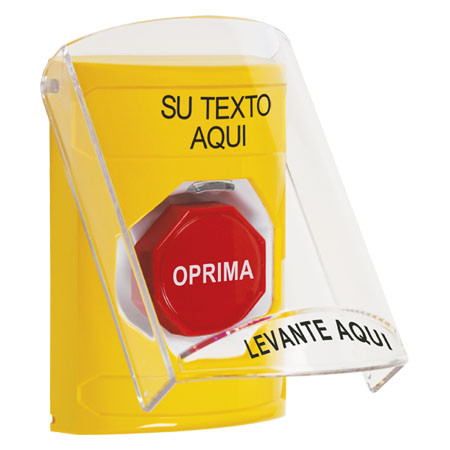 SS22A5ZA-ES STI Yellow Indoor Only Flush or Surface w/ Horn Momentary (Illuminated) Stopper Station with Non-Returnable Custom Text Label Spanish